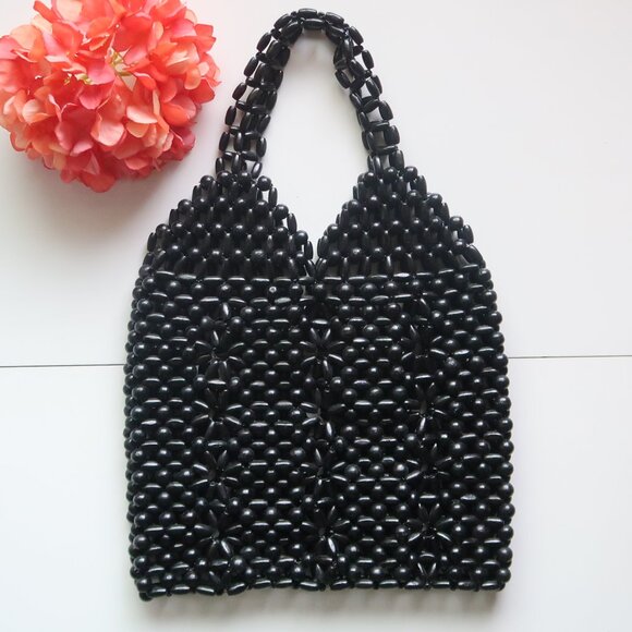 Handmade Black Wooden Beaded Tote Shoulder Bag Vintage Boho - Picture 9 of 10